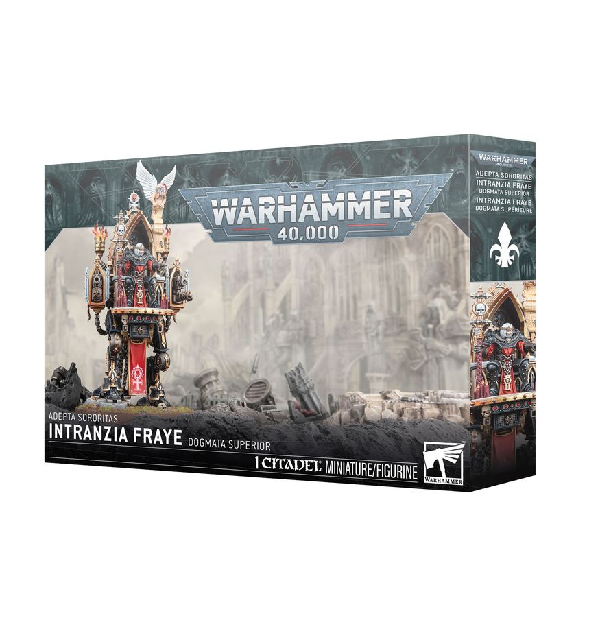 Adepta Sororitas Intranzia Fraye Dogmata Superior Warhammer 40,000 box at Game Roost NZ showing a Sisters of Battle leader in ornate armor with staff and sacred relics on a gothic battlefield backdrop.