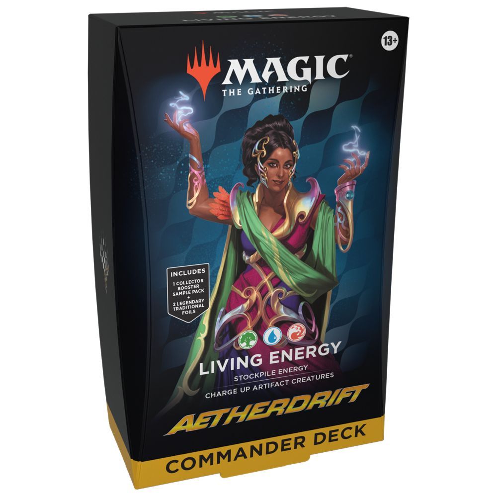 Aetherdrift Commander Deck: Living Energy from Magic: The Gathering, available at Game Roost - Games Hobbies Collectibles, featuring green-blue energy mechanics and high-impact Commander cards.
