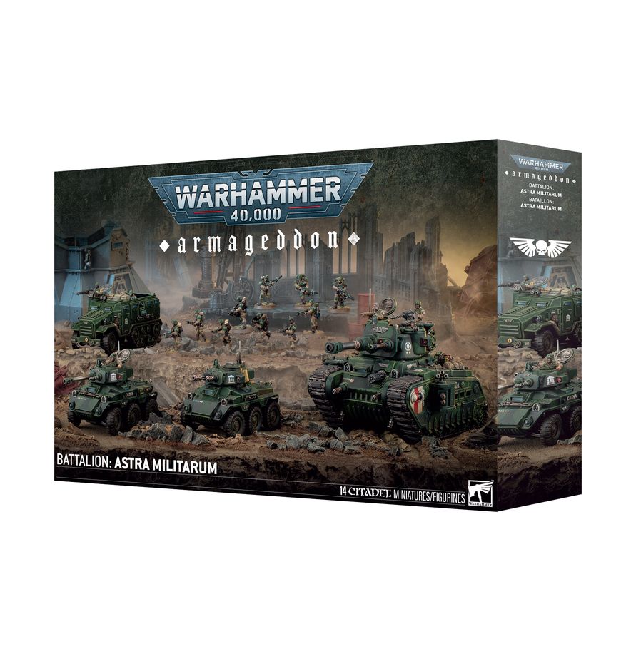Armageddon Battalion Astra Militarum Warhammer 40,000 army showcased at Game Roost NZ, featuring Imperial Guard infantry, tanks, and a detailed war-torn battlefield display