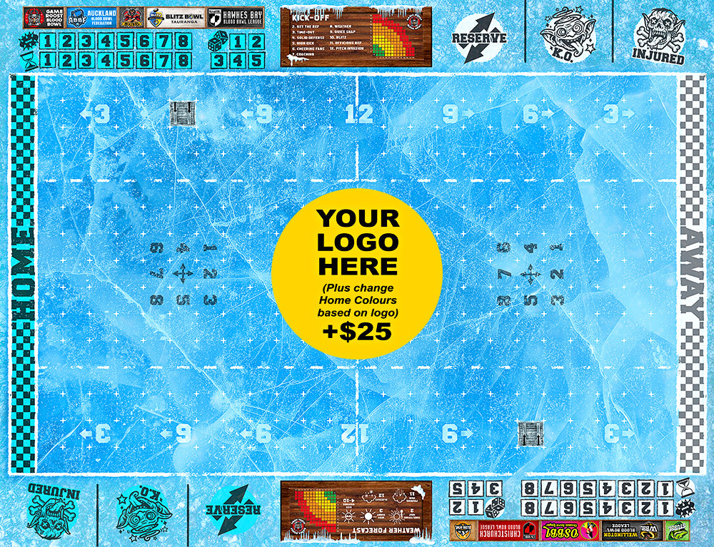 Custom Blood Bowl 11s Ice Pitch by Game Roost NZ – icy battlefield with custom team logo and colour options