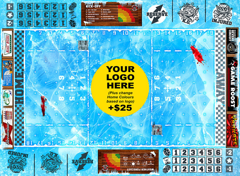 Custom Blood Bowl 7s Ice Playmat by Game Roost NZ – frozen pitch with logo and home colour options