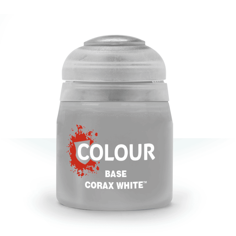 Citadel Base Corax White 12ml (21-52) – smooth off-white acrylic paint by Games Workshop for miniature basecoating, available at Game Roost
