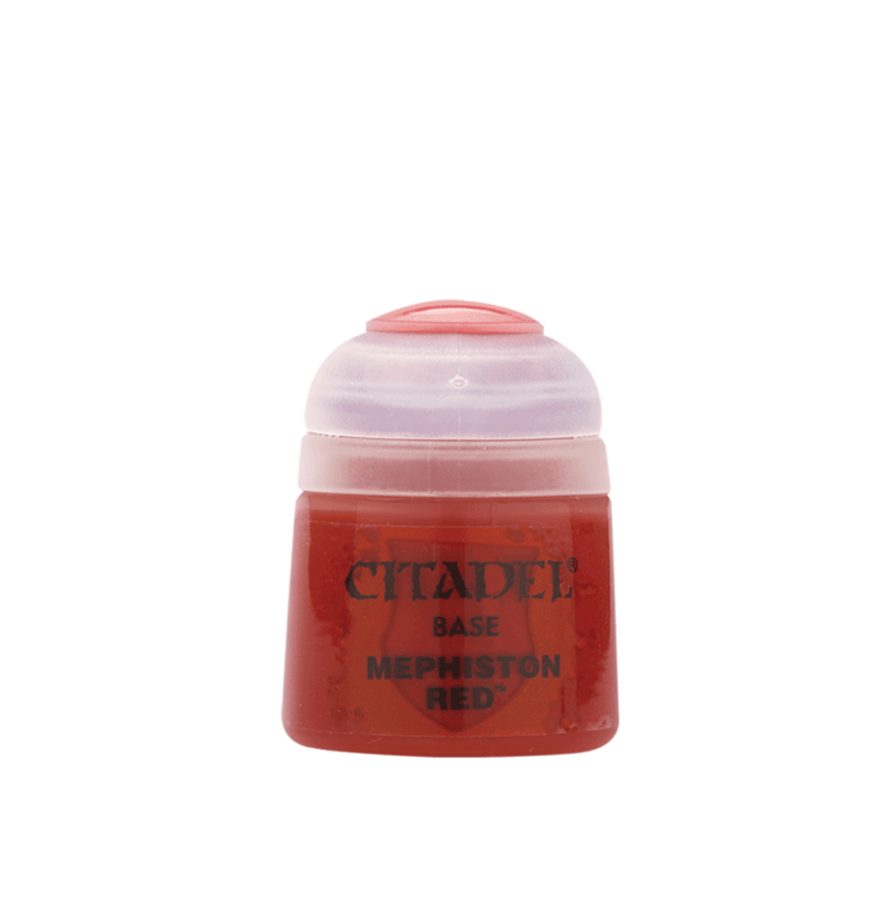 A 12ml pot of Citadel Colour Base Mephiston Red paint, featuring a rich, deep red hue ideal for base coating miniatures. The container is a clear plastic pot with a snap-tight lid and the Citadel Colour branding on the label.