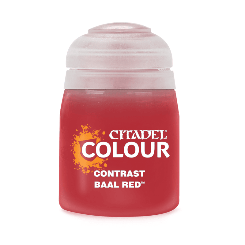 An 18ml pot of Citadel Contrast: Baal Red paint—a vibrant, translucent red perfect for quick shading and bold finishes on Warhammer miniatures.