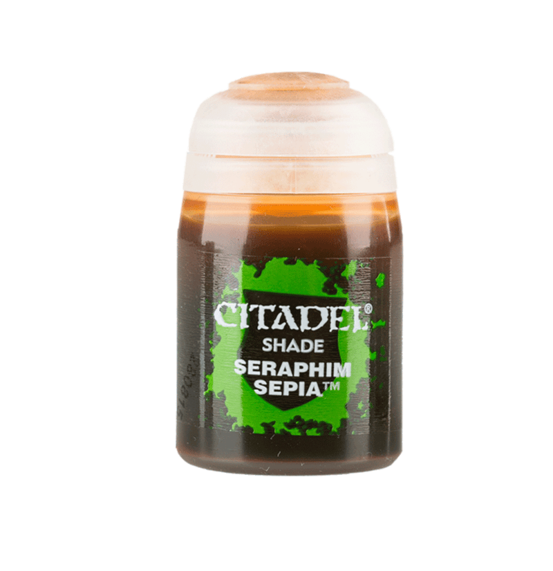 An 18ml pot of Citadel Shade Seraphim Sepia, a transparent, brownish-golden wash designed to enhance recesses and details on miniatures. Packaged in a clear plastic container with a flip-top lid and Citadel Colour branding. Available at Game Roost.