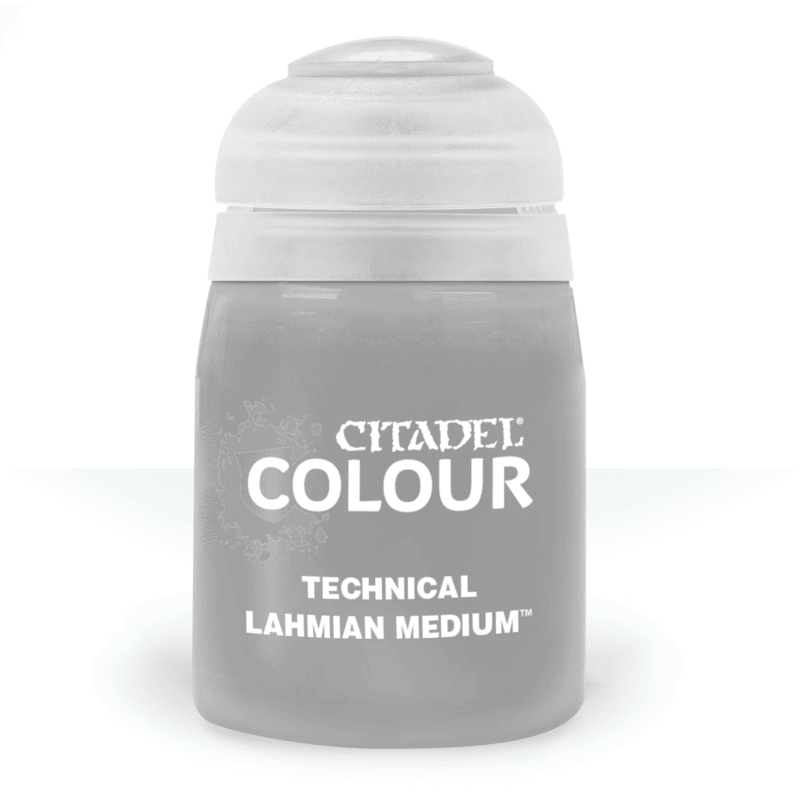 A 24ml pot of Citadel Technical Lahmian Medium, a clear acrylic medium used to thin paints and create smooth blends on miniatures. Packaged in a clear plastic container with a flip-top lid and Citadel Colour branding. Available at Game Roost.