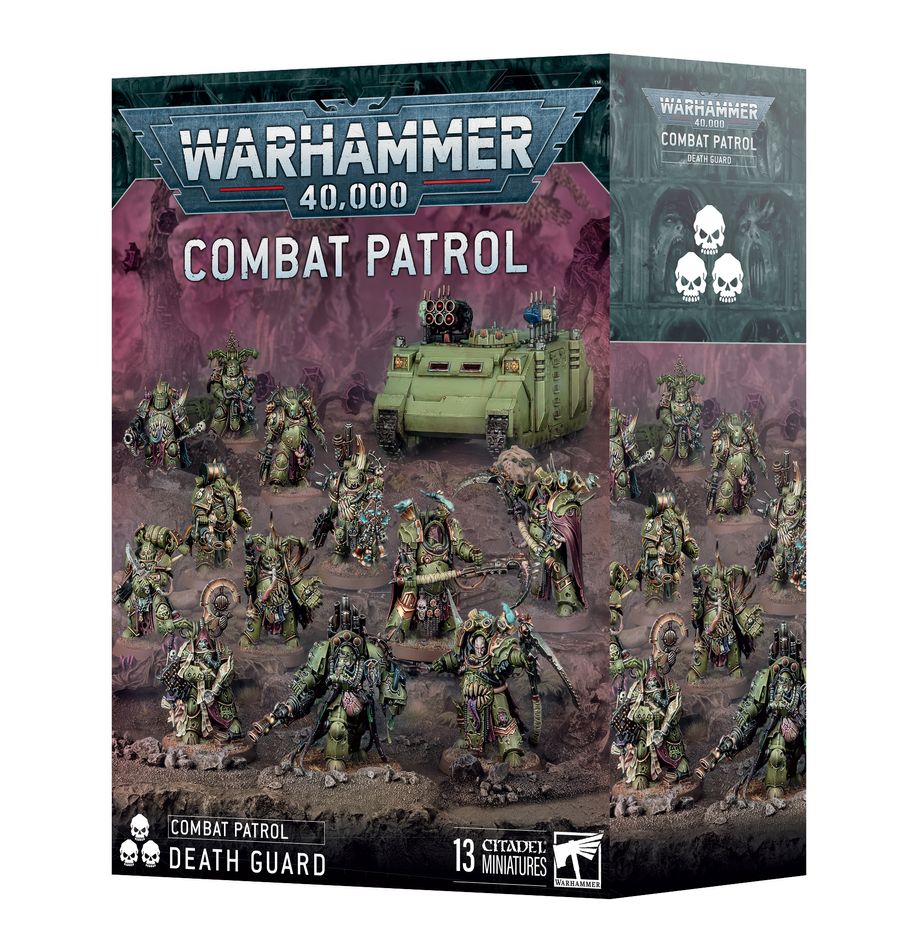 Box set of Combat Patrol: Death Guard for Warhammer 40,000 featuring Plague Marines, Lord of Contagion, and Foetid Bloat-drone miniatures.