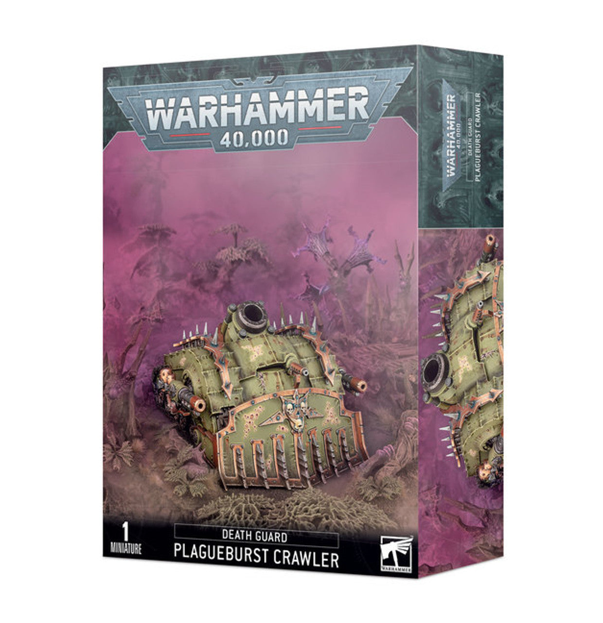 A fully assembled and detailed Death Guard Plagueburst Crawler model from Warhammer 40,000. The miniature features heavy armor plating, plague-themed decorations, and multiple weapons, ready for tabletop gaming. Available at Game Roost.