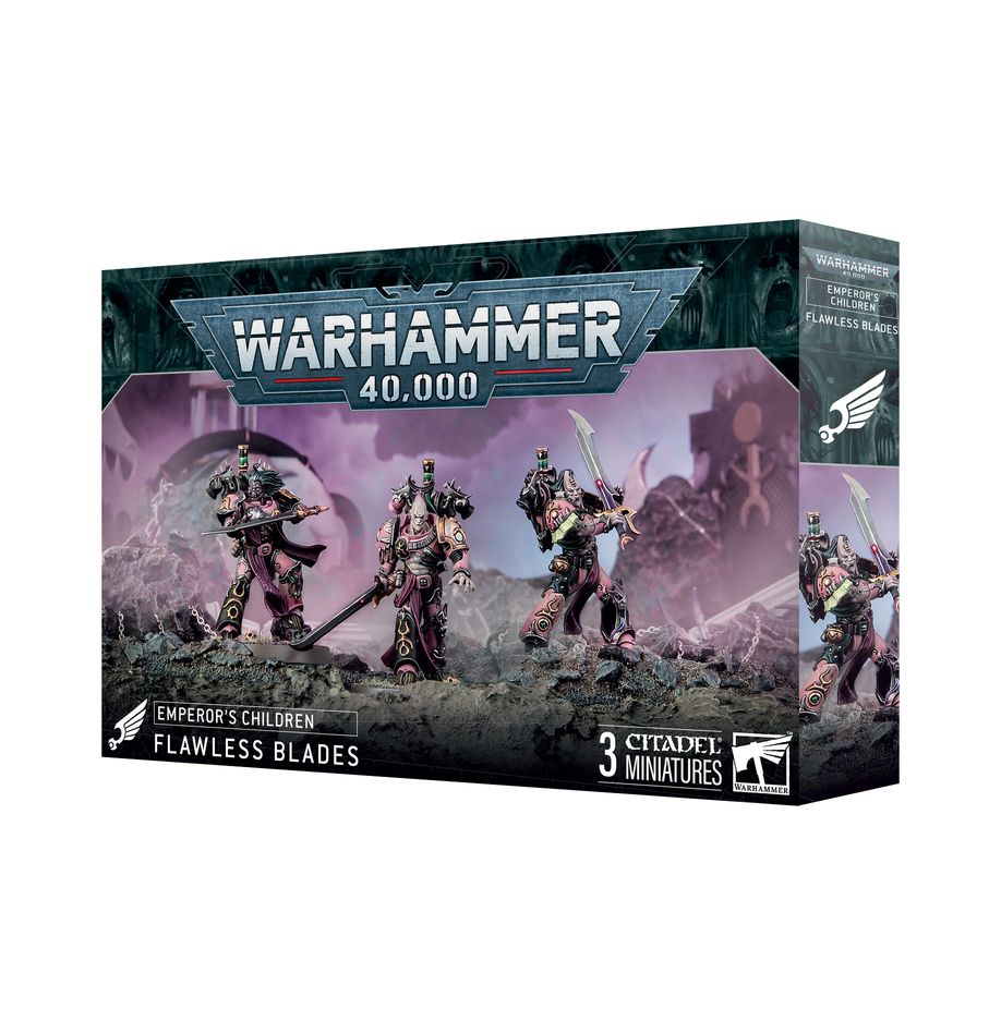 Miniatures from Emperor’s Children: Flawless Blades—elite Slaanesh-worshipping Chaos Space Marines wielding ornate melee weapons in Warhammer 40,000.