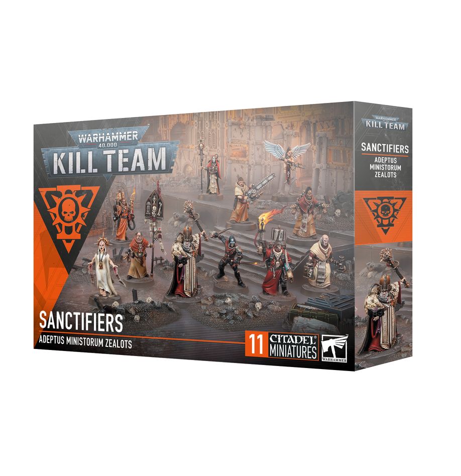 Kill Team: Sanctifiers miniatures set featuring Adeptus Ministorum Zealots with detailed Warhammer 40K terrain and accessories
