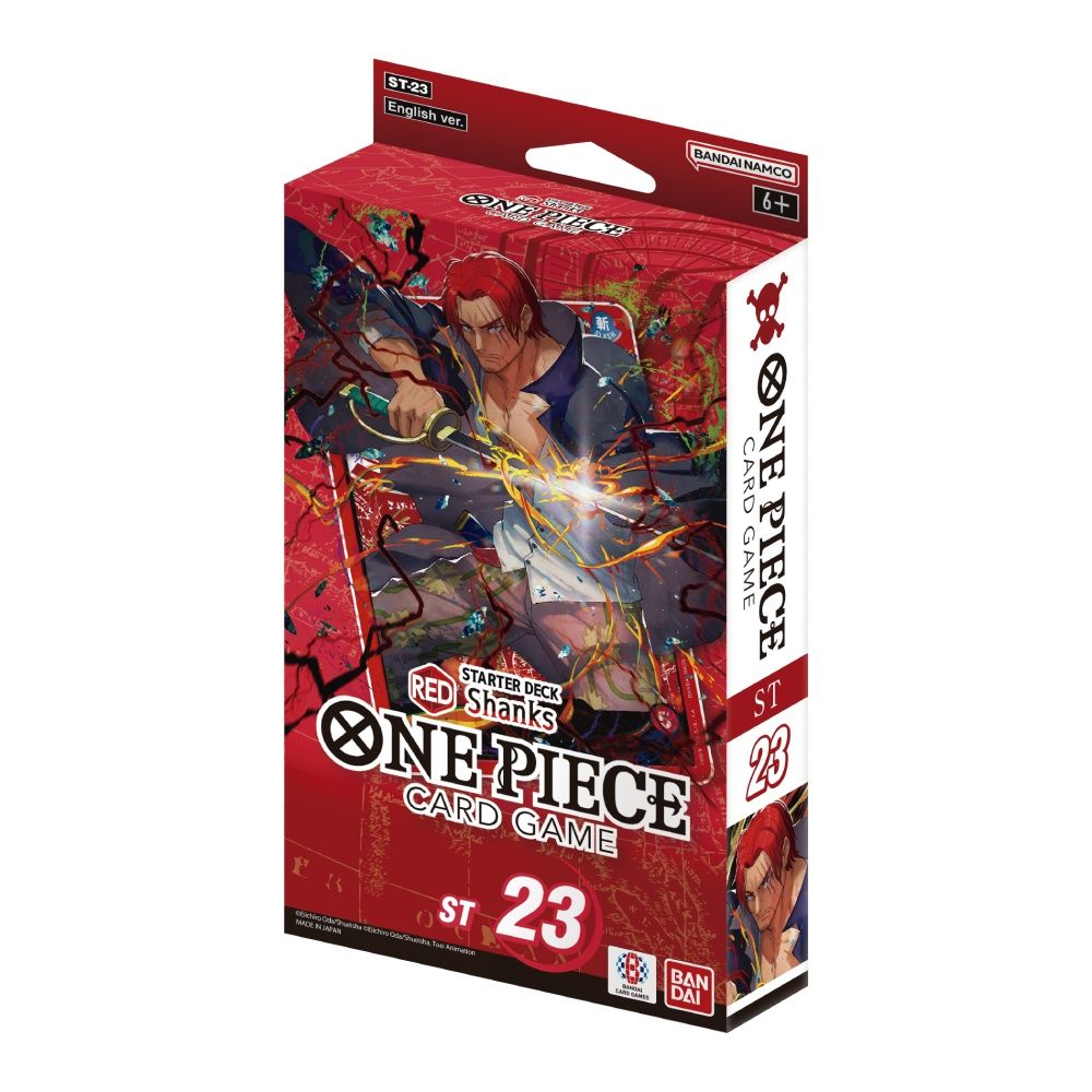 One Piece Card Game Starter Deck ST-23 – Shanks (Red) box with 51 cards and DON!! pack, official English version from Bandai, available at Game Roost NZ.