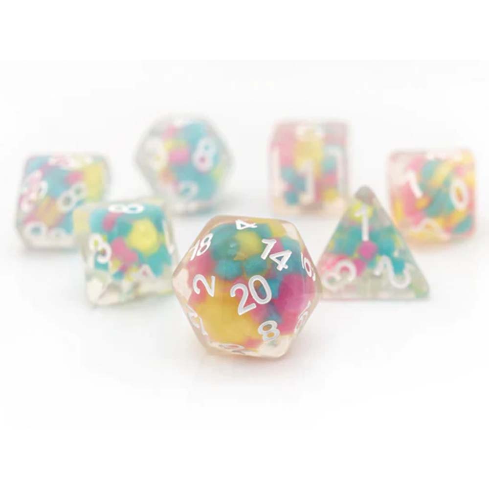 Sirius Lucky Charm Glowworm polyhedral dice set – 7 dice (plus extra d20) with glow-in-the-dark beads in clear resin, in tube.
