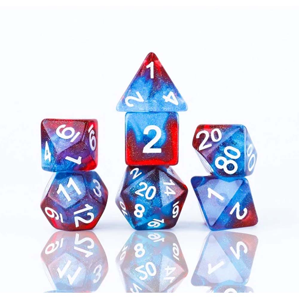 Sirius Polyhedral Dice Set – Celestial edition with galaxy-inspired swirls, 7-piece RPG dice set in display tube.