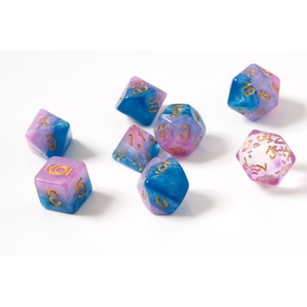Sirius Baby Gummies polyhedral dice set – 8 pastel-colored RPG dice in clear resin, packaged in display tube.