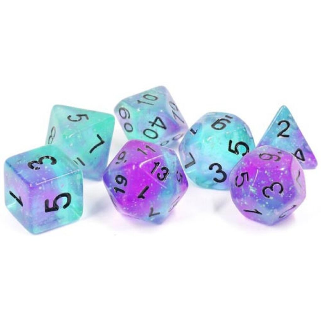 Sirius Peacock Glowworm polyhedral dice set – 8-piece jewel-toned RPG dice with glow-in-the-dark beads in clear resin, in tube packaging