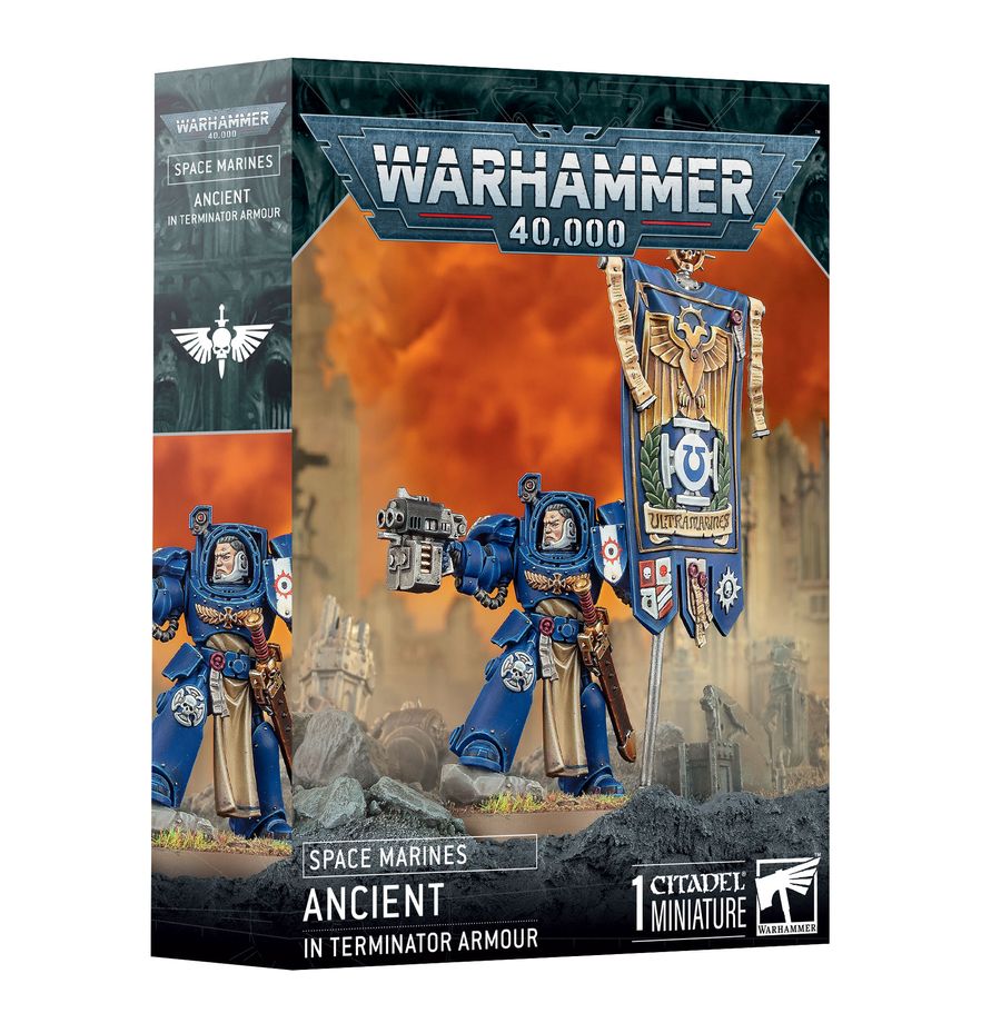 Space Marines Ancient in Terminator Armour – Warhammer 40,000 character miniature carrying the chapter standard. Available at Game Roost NZ.