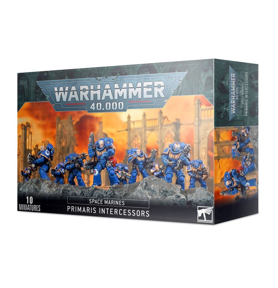 Space Marines Primaris Intercessor Squad miniatures box set – Warhammer 40,000 figures available at Game Roost NZ – Auckland hobby store for Warhammer and tabletop games