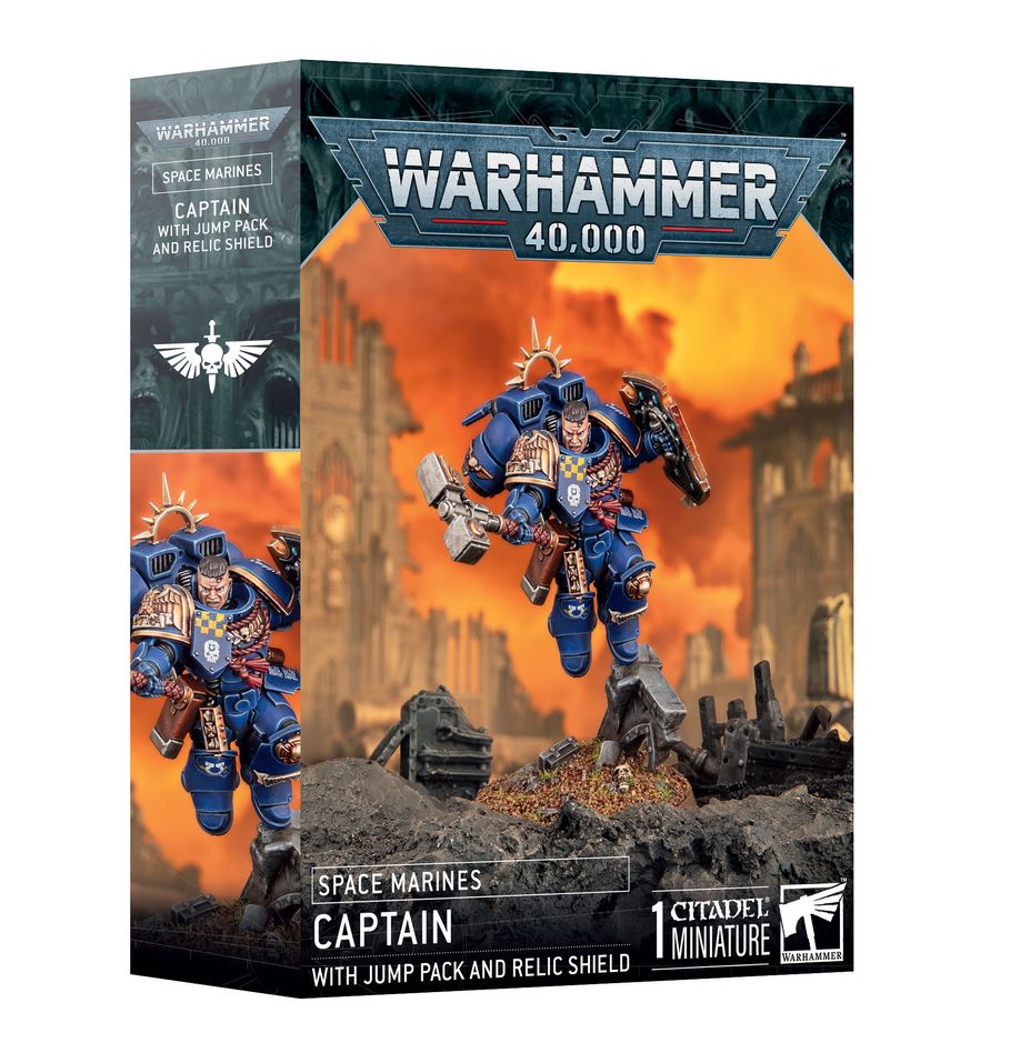 Warhammer 40,000 Space Marines Captain with Jump Pack and Relic Shield (48-102) – Elite Primaris character miniature for tabletop battles, available at Game Roost NZ.