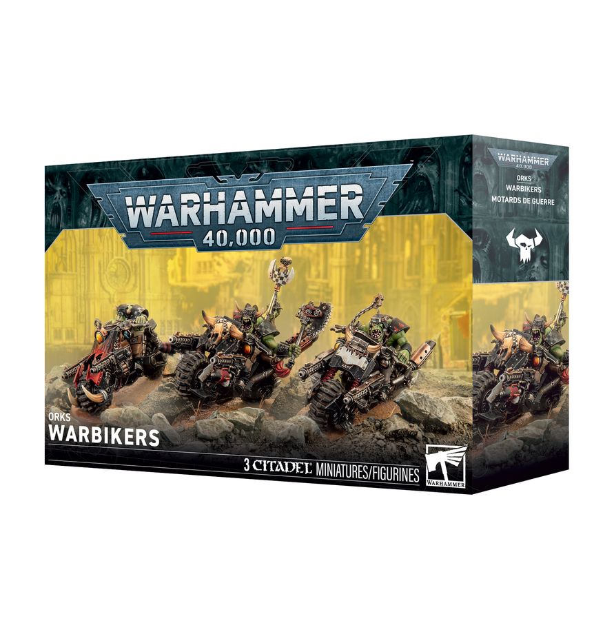 Warhammer 40,000 Warbikers miniatures box set, featuring painted sci-fi vehicle miniatures on the front of the packaging