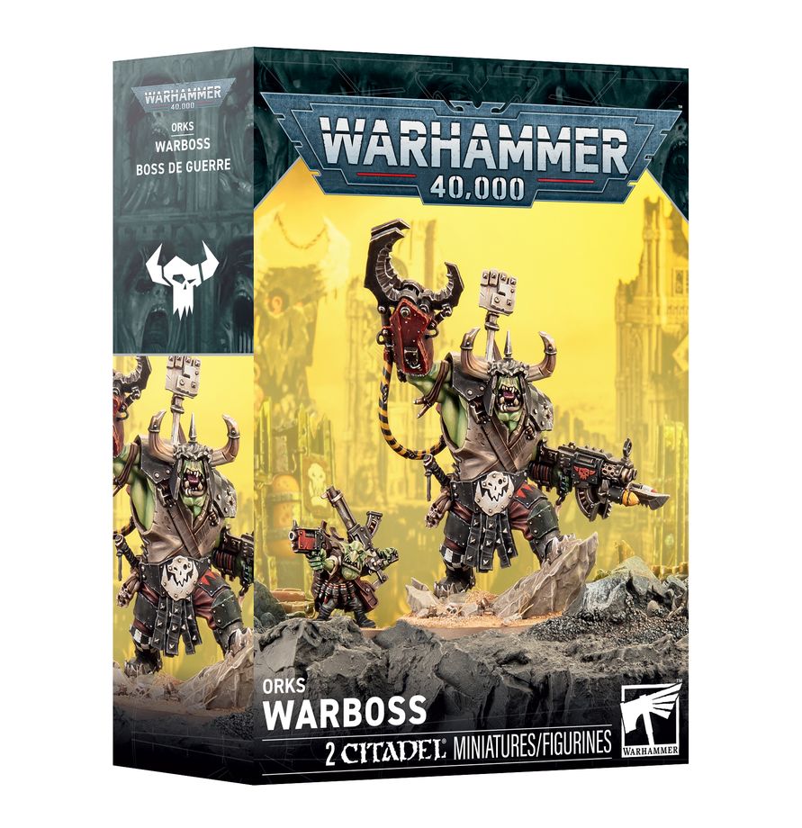 Warhammer 40,000 Orks Warboss miniatures box set, featuring illustrated box art of green-skinned ork warriors with horns and a large battle axe on a yellow and dark background.