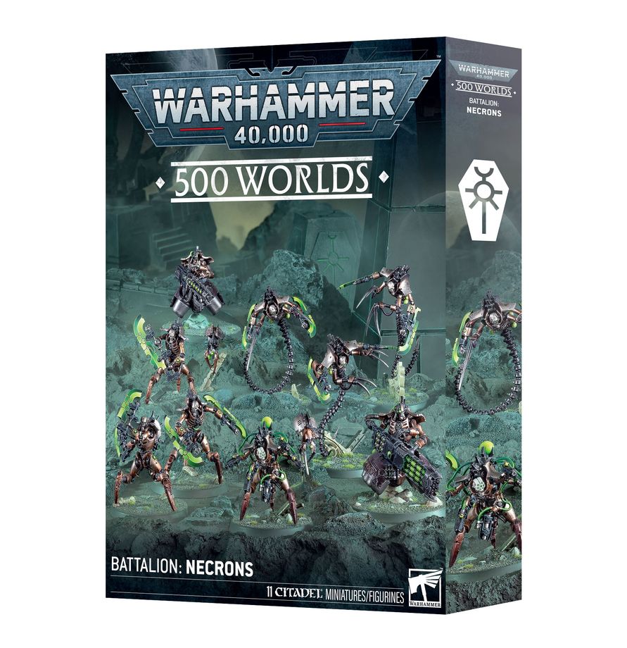 500 Worlds Battalion: Necrons – Warhammer 40,000 starter box with Necron infantry, leaders, and vehicles. Available at Game Roost NZ.