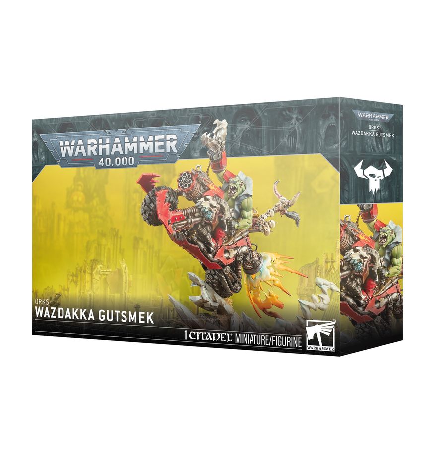 Orks Wazdakka Gutsmek Warhammer 40,000 box showing an Ork warboss riding a heavily armed warbike with guns blazing, in classic grimdark battlefield artwork.