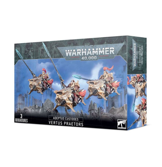 Adeptus Custodes Vertus Praetors jetbike squad for Warhammer 40,000. Elite golden warriors mounted on Dawneagle jetbikes. Available at Game Roost NZ.
