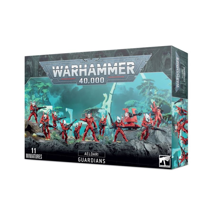 46-09 Aeldari Guardians Warhammer 40,000 miniature set at Game Roost featuring sleek armored Aeldari warriors equipped with futuristic weapons and dynamic poses.
