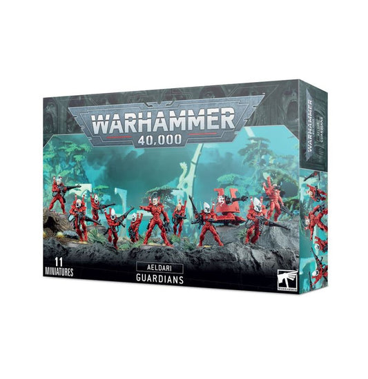 46-09 Aeldari Guardians Warhammer 40,000 miniature set at Game Roost featuring sleek armored Aeldari warriors equipped with futuristic weapons and dynamic poses.