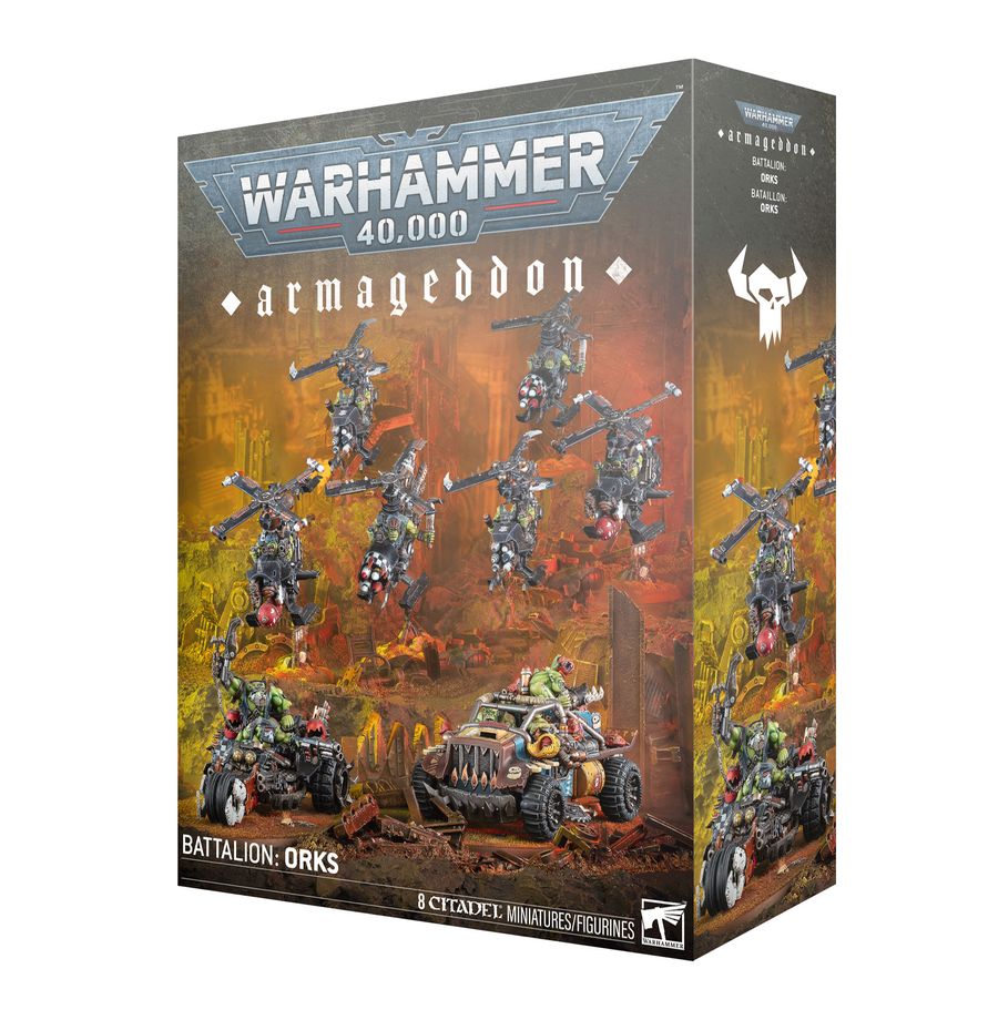 Armageddon Battalion Orks Warhammer 40,000 army at Game Roost NZ featuring Ork Boyz, ramshackle vehicles, and a chaotic battlefield scene ready for tabletop play