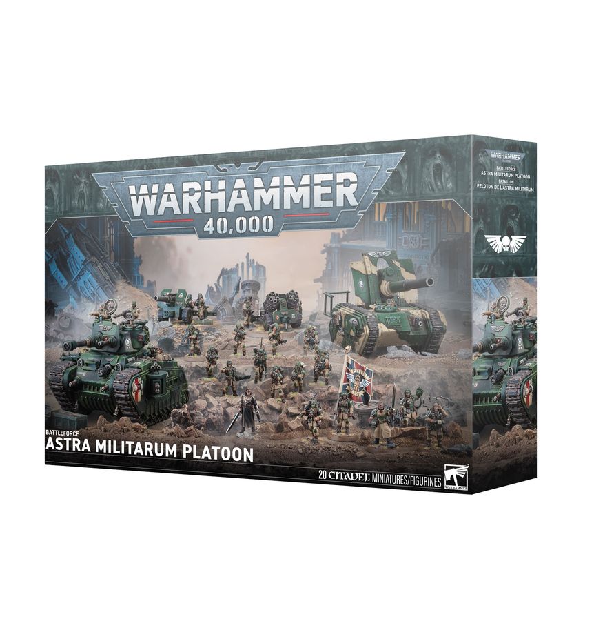 Battleforce Astra Militarum Platoon – Warhammer 40,000 army box featuring Imperial Guard infantry and vehicles. Available at Game Roost NZ.