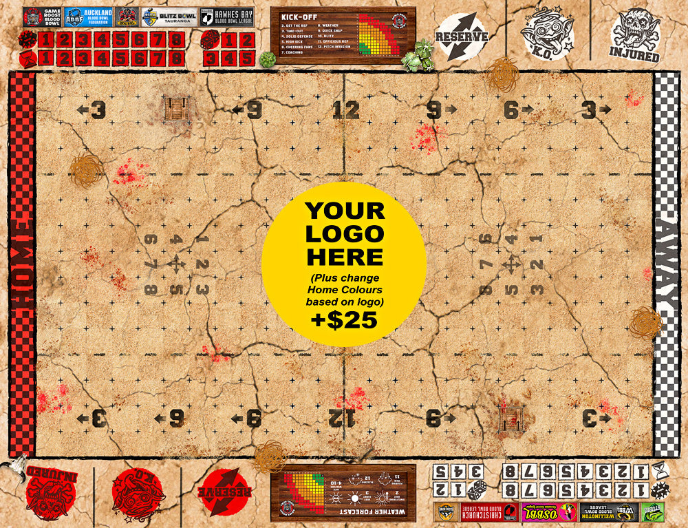 Custom Blood Bowl 11s Badlands Pitch by Game Roost NZ – harsh desert terrain with logo customisation option