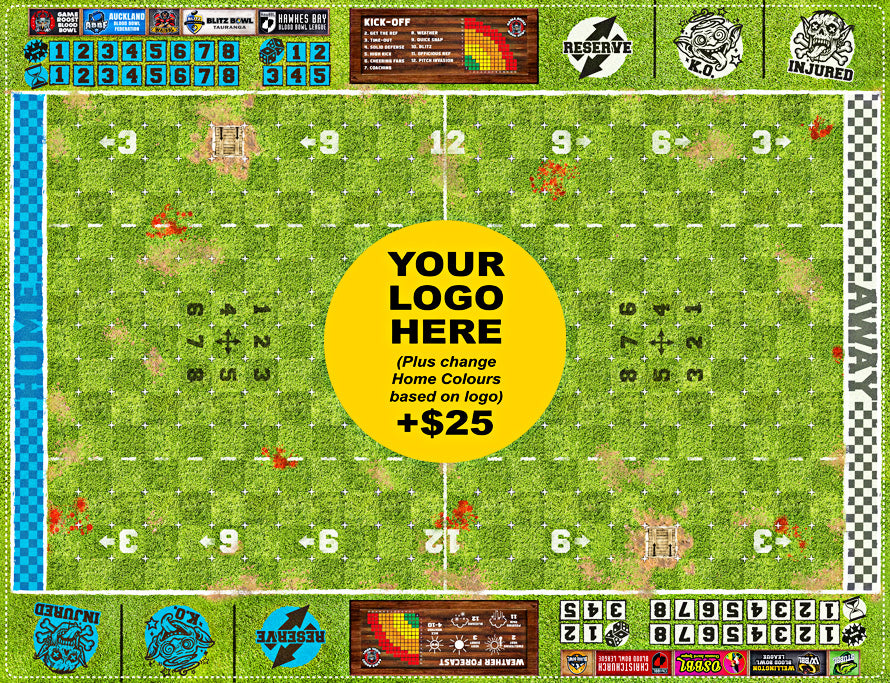Custom Blood Bowl 11s Grass Pitch by Game Roost NZ – classic stadium field with optional team logo