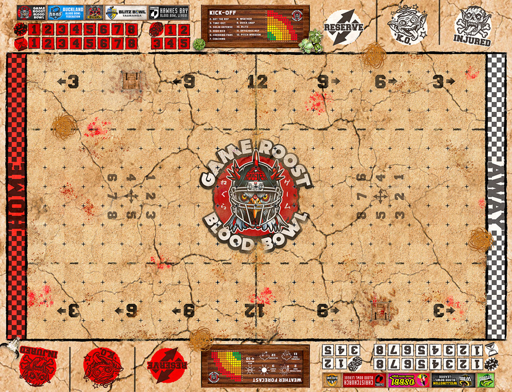 Custom Blood Bowl 11s Badlands Pitch by Game Roost NZ – harsh desert terrain with logo customisation option