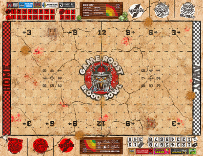 Custom Blood Bowl 11s Badlands Pitch by Game Roost NZ – harsh desert terrain with logo customisation option