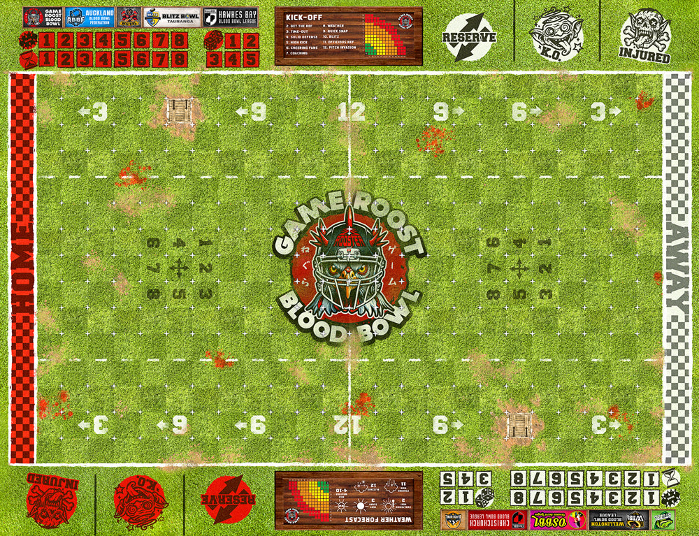Custom Blood Bowl 11s Grass Pitch by Game Roost NZ – classic stadium field with optional team logo