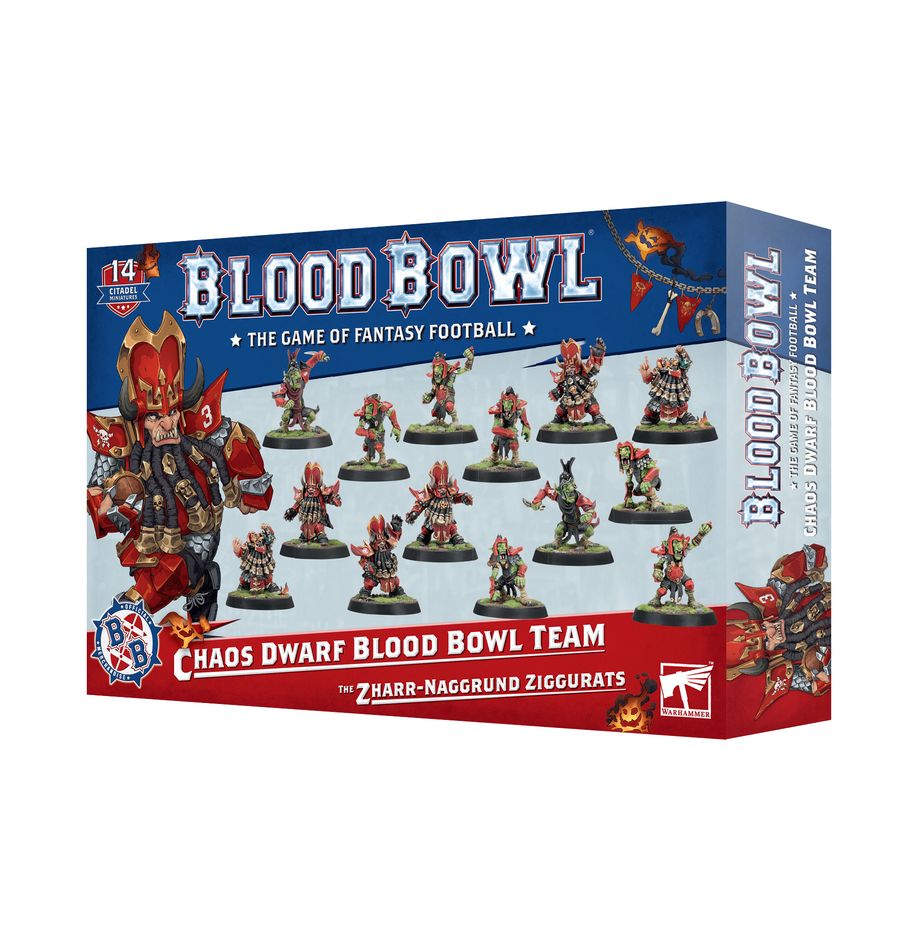 Blood Bowl: Chaos Dwarf Team – The Zharr-Nagrund Ziggurats box set, featuring Chaos Dwarf players in heavy armour alongside Bull Centaurs and Hobgoblin teammates, official product image available at Game Roost NZ.