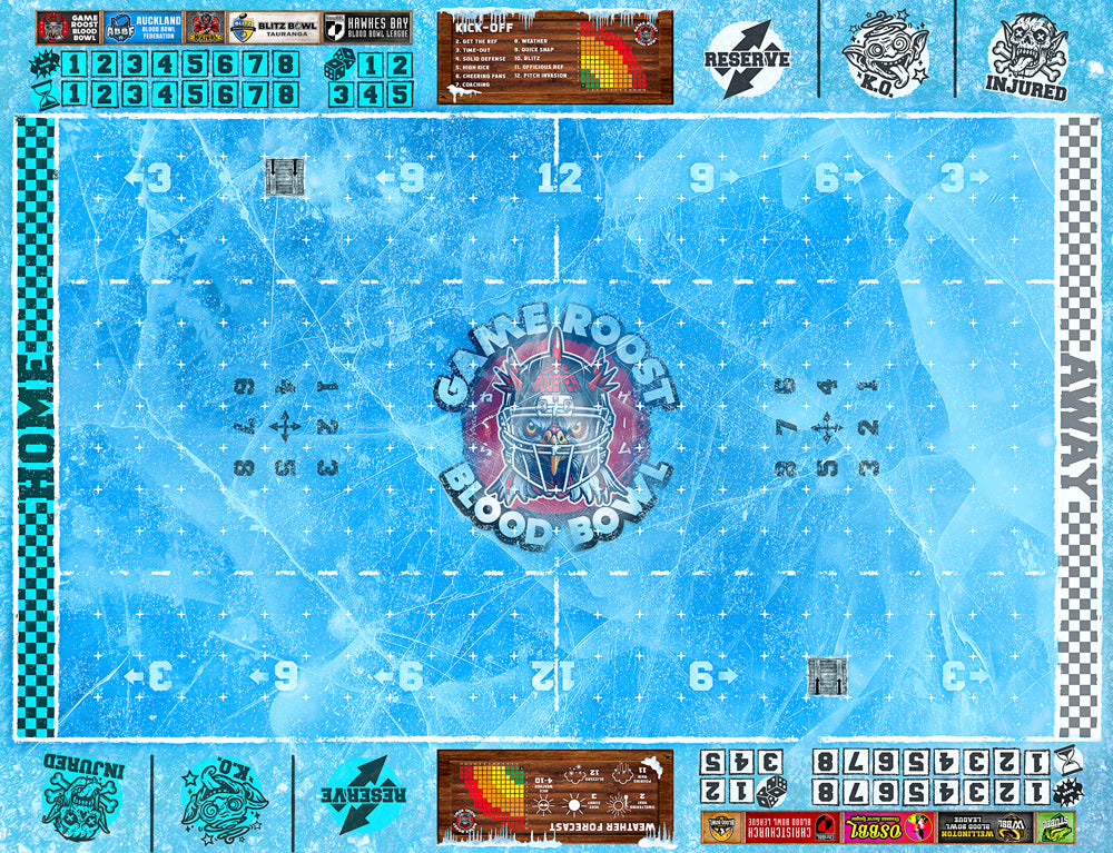 Custom Blood Bowl 11s Ice Pitch by Game Roost NZ – icy battlefield with custom team logo and colour options