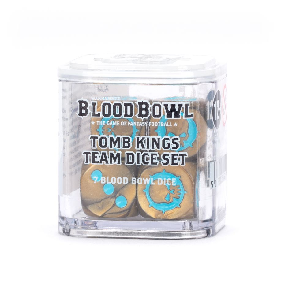 Blood Bowl Tomb Kings Team Dice Set – Sand-themed, hieroglyph-styled, gold and turquoise coloured dice designed for the Nehekhara Nightmares. Official Games Workshop accessory available at Game Roost NZ.