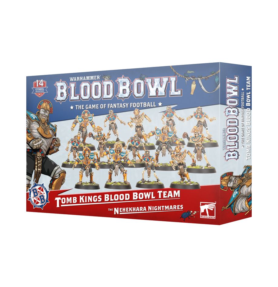 Blood Bowl Tomb Kings Team – The Nehekhara Nightmares, skeletal undead players in ornate armour. Official Games Workshop team available at Game Roost NZ.