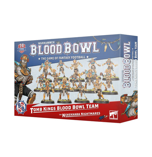 Blood Bowl Tomb Kings Team – The Nehekhara Nightmares, skeletal undead players in ornate armour. Official Games Workshop team available at Game Roost NZ.