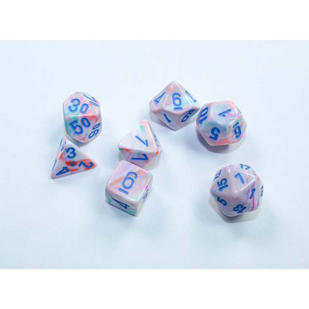 Chessex Mini-hedral 7-Die Set – Festive edition, a colourful polyhedral dice set for tabletop RPGs, available at Game Roost, Auckland, NZ.