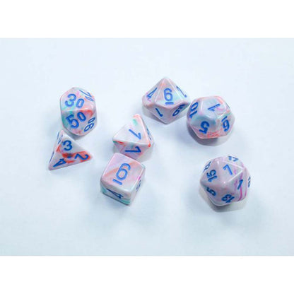 Chessex Mini-hedral 7-Die Set – Festive edition, a colourful polyhedral dice set for tabletop RPGs, available at Game Roost, Auckland, NZ.