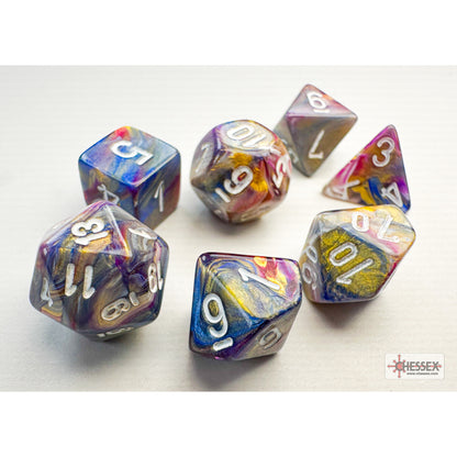 Chessex Mini-hedral 7-Die Set – Festive edition, a colourful polyhedral dice set for tabletop RPGs, available at Game Roost, Auckland, NZ.