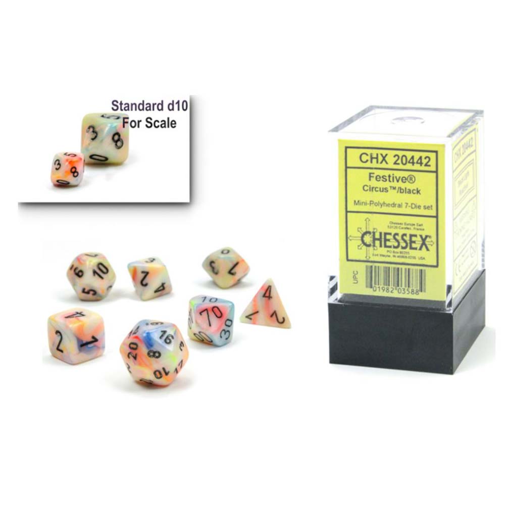 Chessex Mini-hedral 7-Die Set – Festive edition, a colourful polyhedral dice set for tabletop RPGs, available at Game Roost, Auckland, NZ.