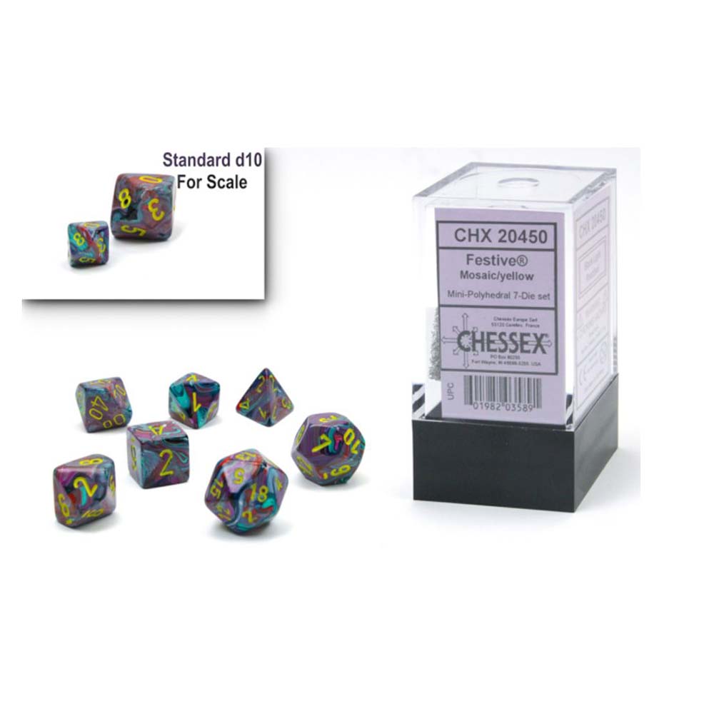 Chessex Mini-hedral 7-Die Set – Festive edition, a colourful polyhedral dice set for tabletop RPGs, available at Game Roost, Auckland, NZ.
