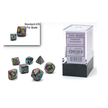 Chessex Mini-hedral 7-Die Set – Festive edition, a colourful polyhedral dice set for tabletop RPGs, available at Game Roost, Auckland, NZ.