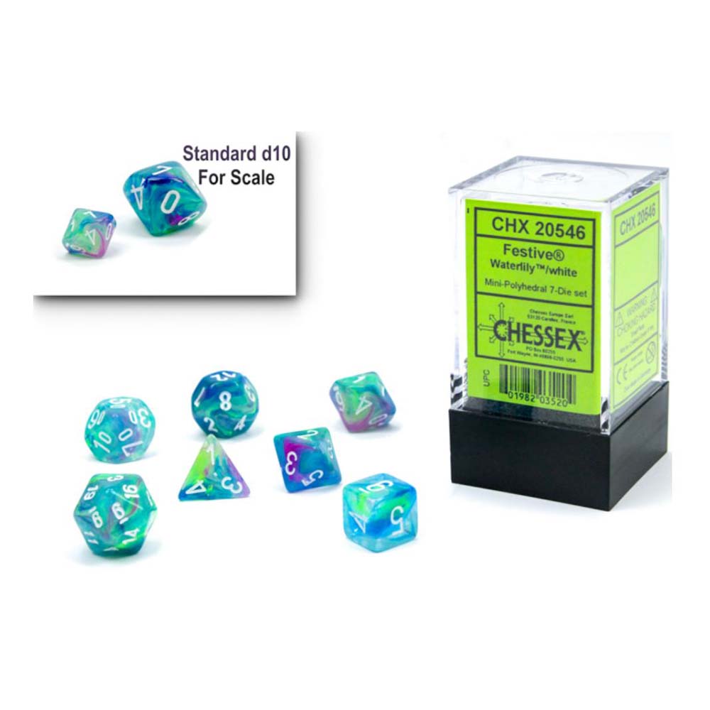 Chessex Mini-hedral 7-Die Set – Festive edition, a colourful polyhedral dice set for tabletop RPGs, available at Game Roost, Auckland, NZ.