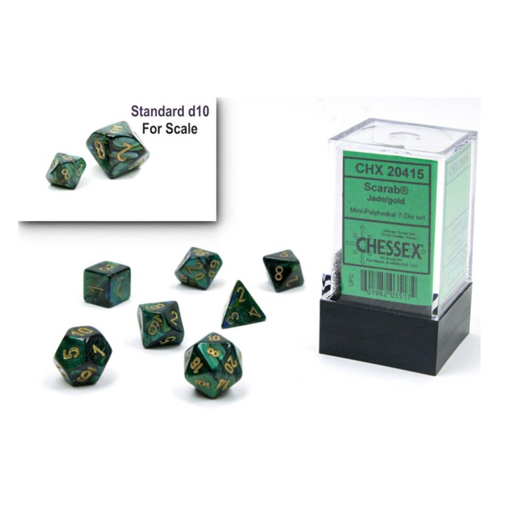 Chessex Mini-hedral 7-Die Set – Scarab edition, featuring shimmering, marbled dice in compact form. Available now at Game Roost, Auckland, NZ."