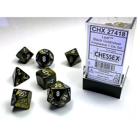 Chessex Polyhedral 7-Die Set – Leaf – Shimmering RPG dice with leaf-like foil patterns and bold numbers"